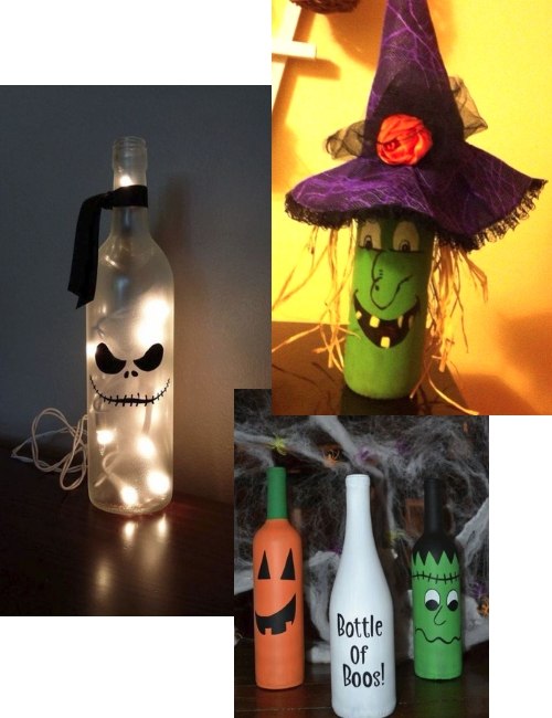 Halloween decor made from wine bottles