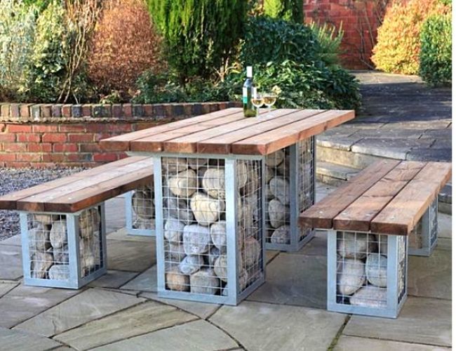 Gabion tables and patio seating