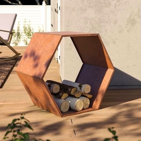 Corten steel hexagonal firewood rack