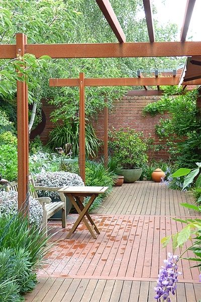 A corten steel deck pergola