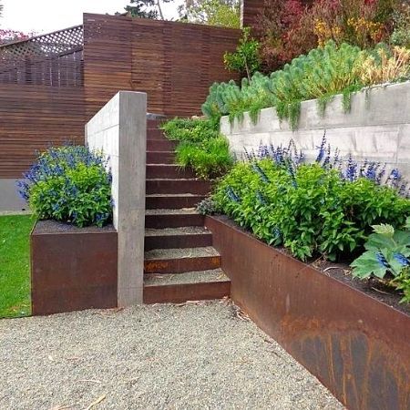 Corten steel landscape including stairs and terraces made of corten