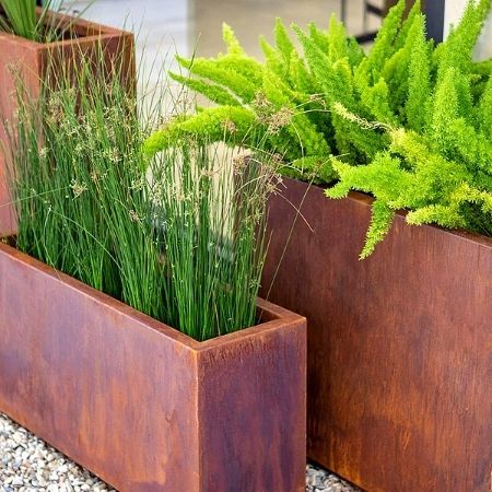 Modern rectangular planters made from corten steel