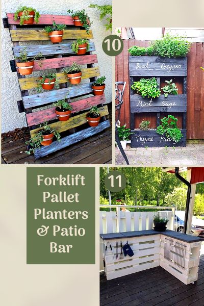 Forklift pallet planters and patio bar image collage