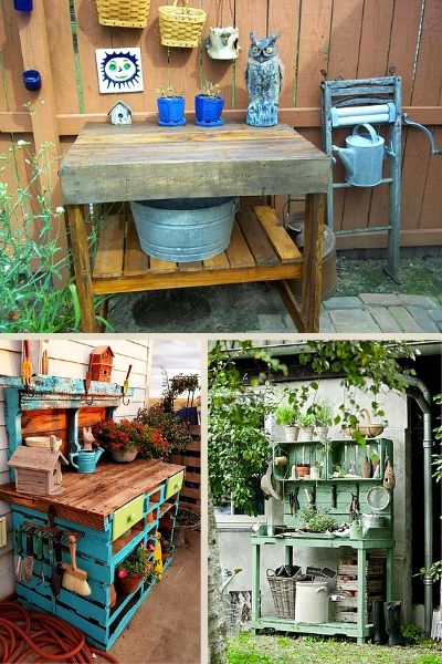 Forklift pallet potting bench image collage