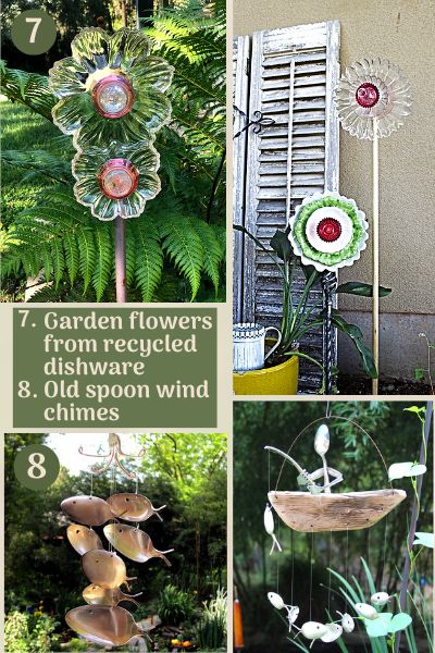 Garden dish flowers and spoon windchimes image collage