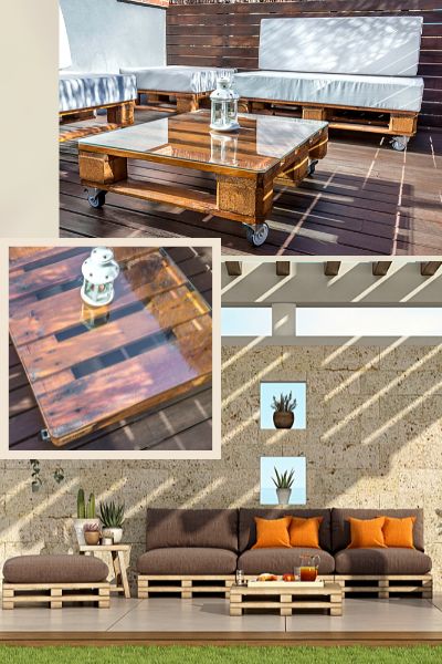 Pallet patio sofa, coffee table, and ottoman image collage
