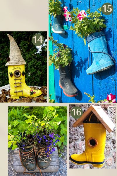 Rubber boot planters and bird house image collage