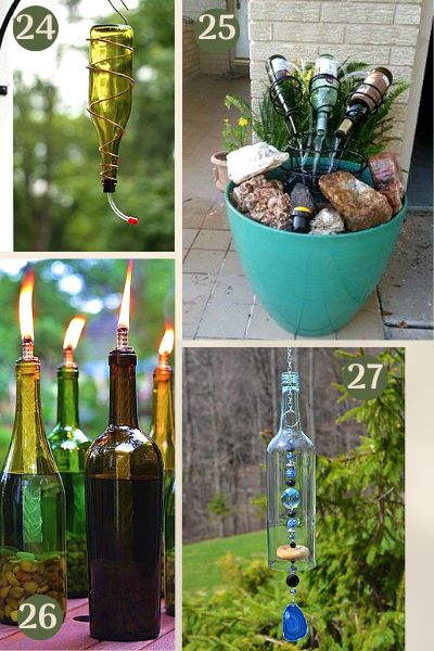 Wine bottle Tiki torch, wind chime, and bottle fountain image collage