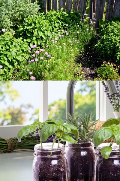 Small space herb garden and herbs growing in mason jars